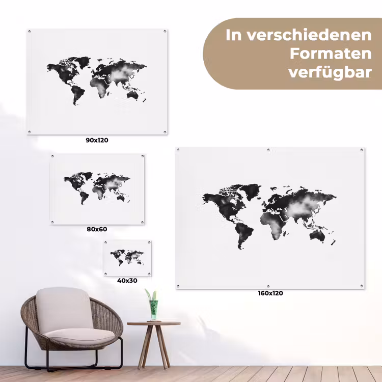 Wereldkaart - Inkt - Zwart tuinposter los doek klein -Xsfeer9_DE