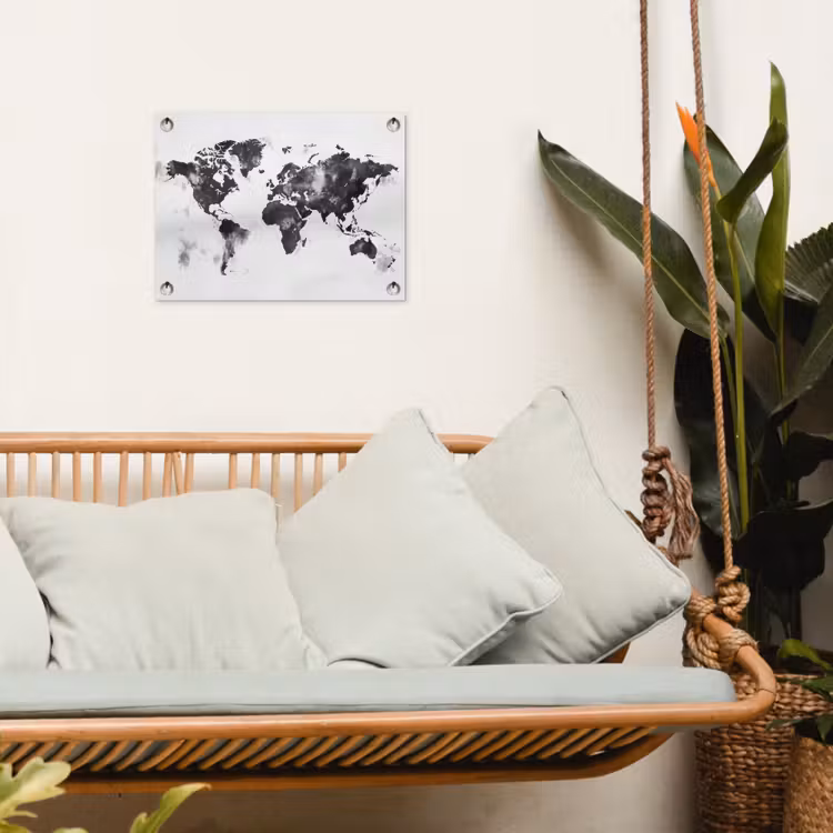 Wereldkaart - Inkt - Zwart tuinposter los doek klein -sfeer7