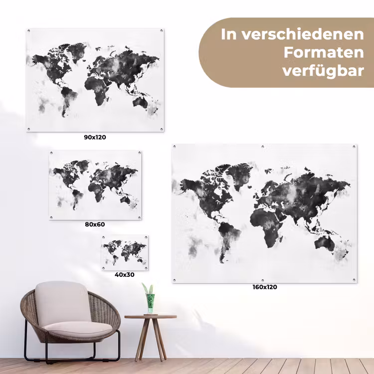 Wereldkaart - Inkt - Zwart tuinposter los doek klein -Xsfeer9_DE