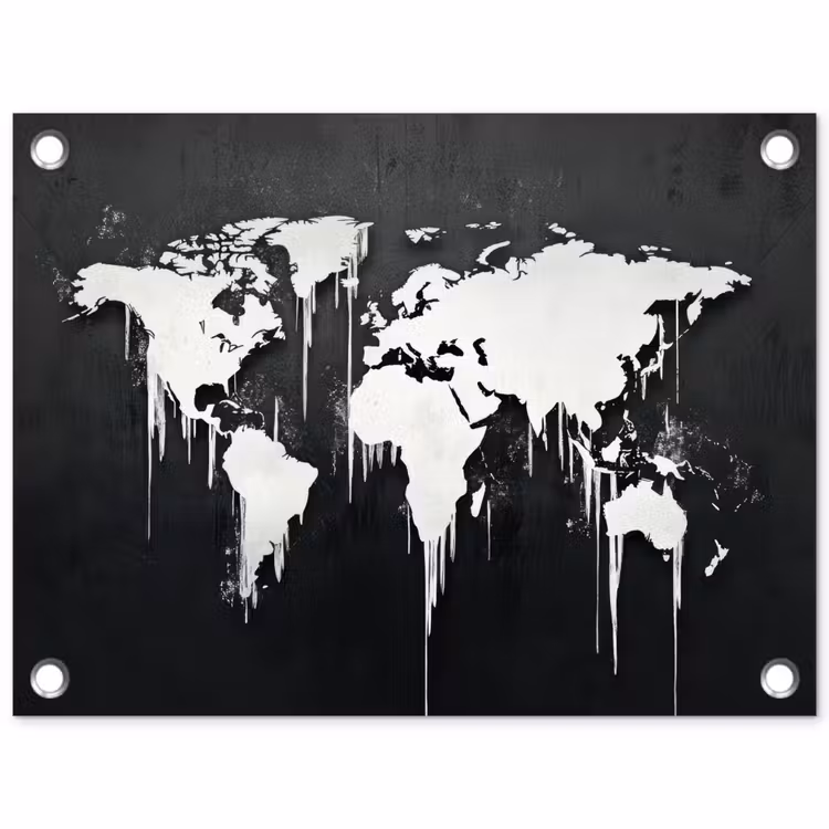 Wereldkaart - Inkt - Wit tuinposter los doek klein -3d