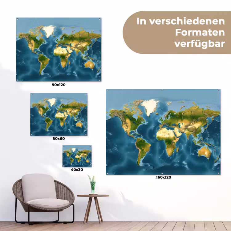 Wereldkaart - Topografisch reliëf tuinposter los doek klein -Xsfeer9_DE