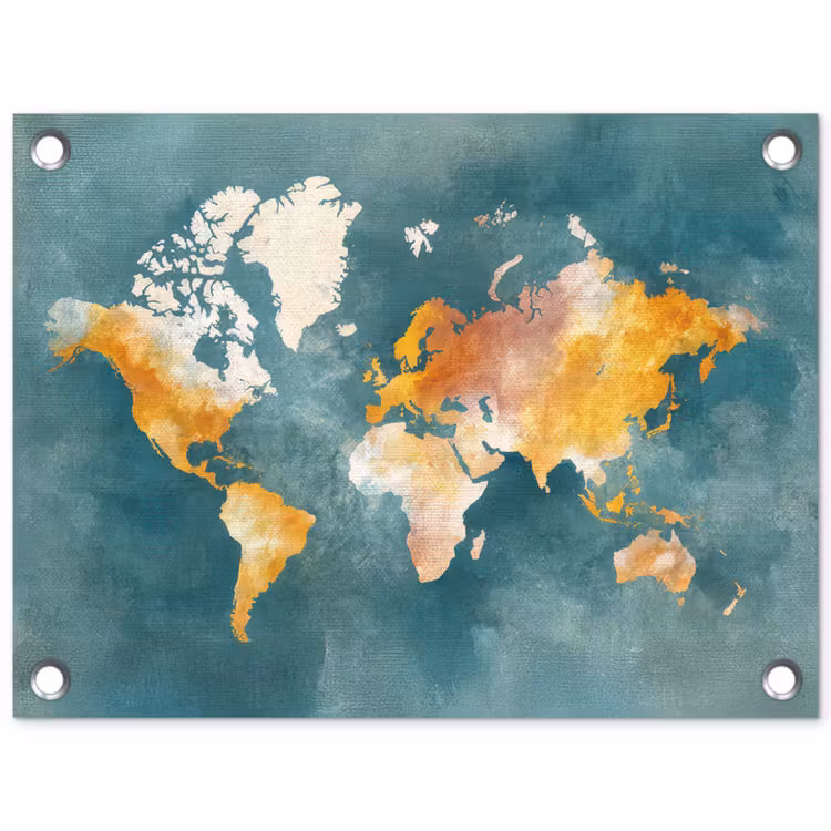 Wereldkaart - Verweerd - Blauw tuinposter los doek klein -3d