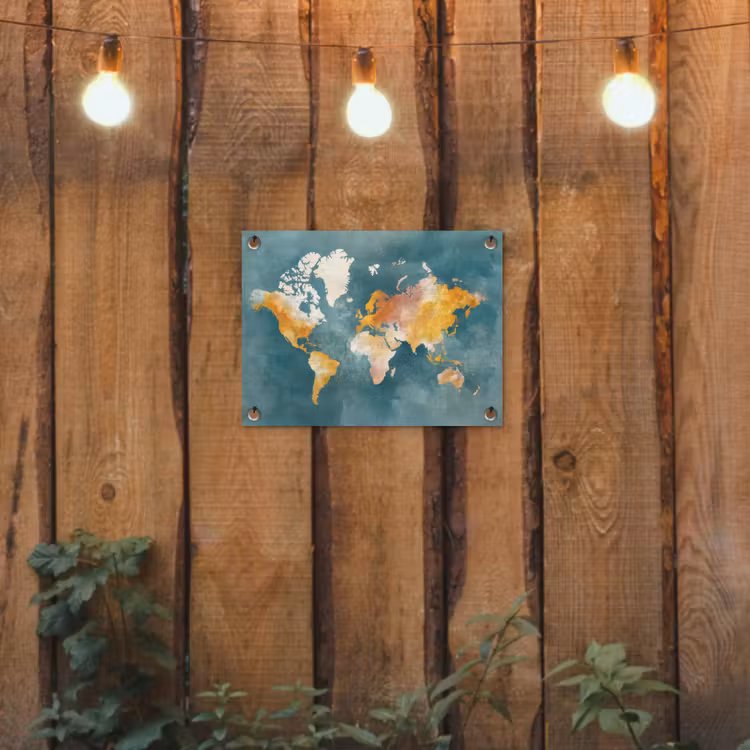 Wereldkaart - Verweerd - Blauw tuinposter los doek klein -sfeer1