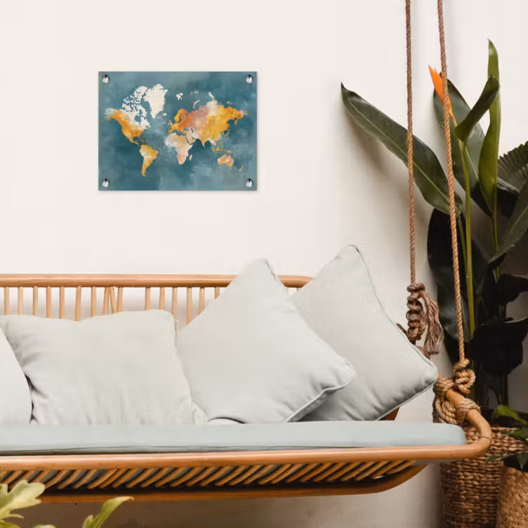 Wereldkaart - Verweerd - Blauw tuinposter los doek klein -sfeer7