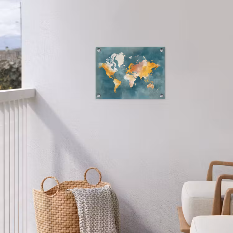Wereldkaart - Verweerd - Blauw tuinposter los doek klein -sfeer8