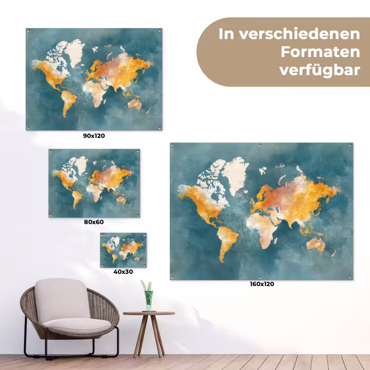 Wereldkaart - Verweerd - Blauw tuinposter los doek klein -Xsfeer9_DE