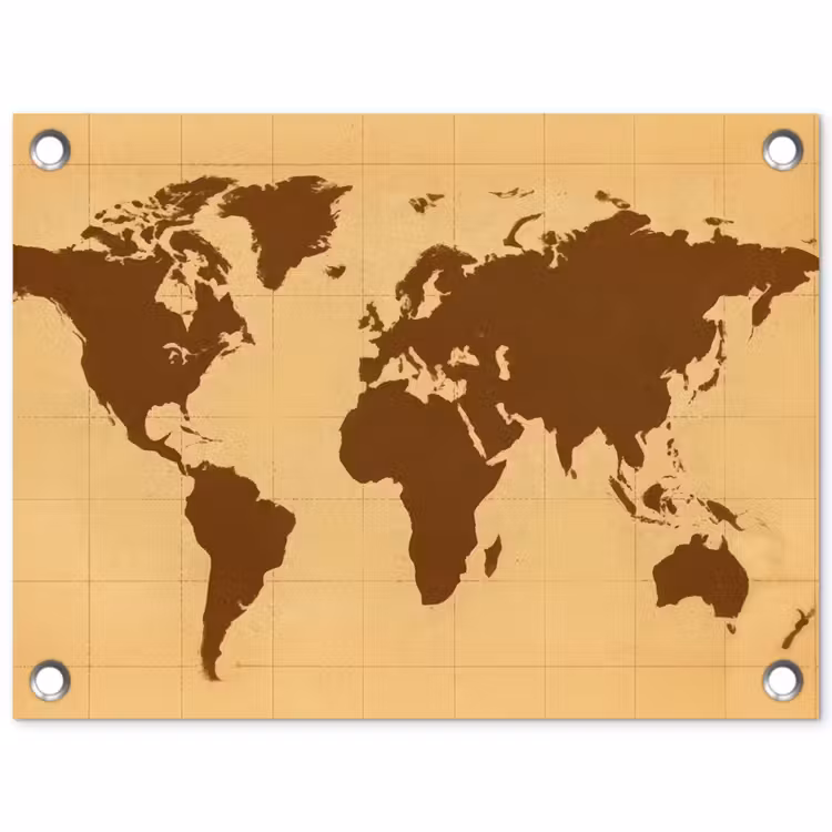 Wereldkaart - Verweerd raster - Bruin tuinposter los doek klein -3d