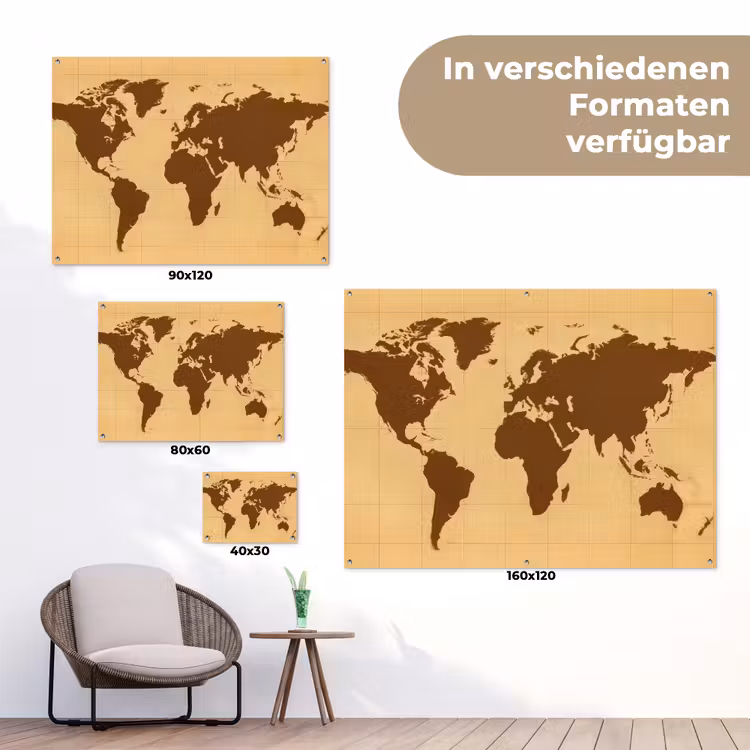 Wereldkaart - Verweerd raster - Bruin tuinposter los doek klein -Xsfeer9_DE