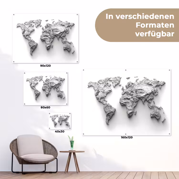 Wereldkaart - Wit - Betonstructuur tuinposter los doek klein -Xsfeer9_DE