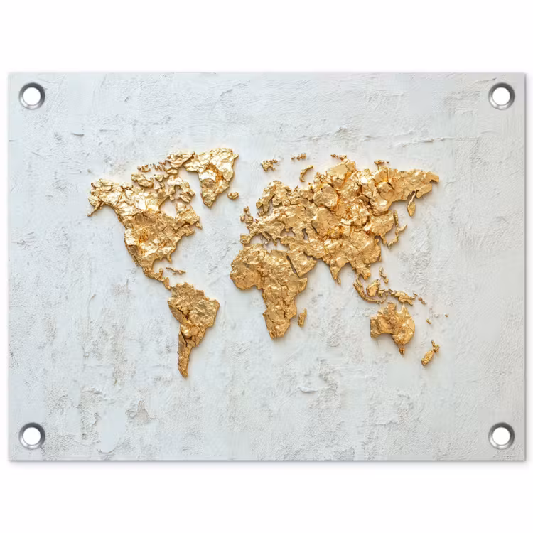 Wereldkaart - Wit beton - Bladgoud tuinposter los doek klein -3d