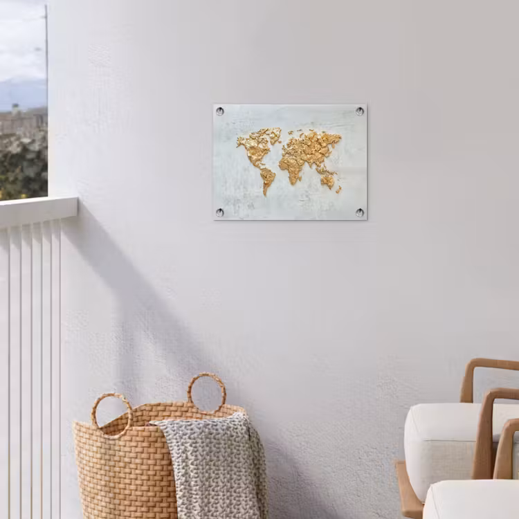 Wereldkaart - Wit beton - Bladgoud tuinposter los doek klein -sfeer8