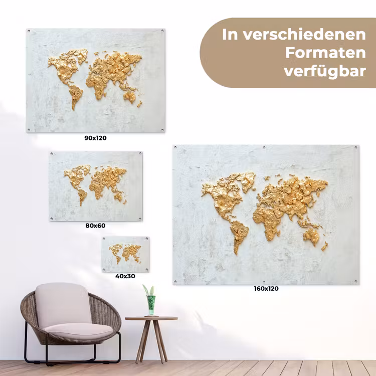 Wereldkaart - Wit beton - Bladgoud tuinposter los doek klein -Xsfeer9_DE