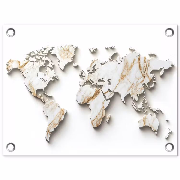 Wereldkaart - Wit Marmer - Luxueus tuinposter los doek klein -3d