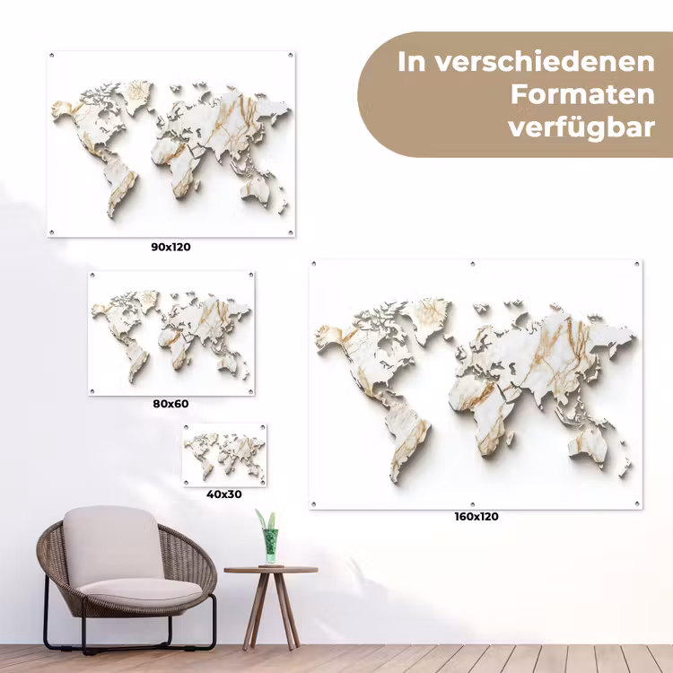 Wereldkaart - Wit Marmer - Luxueus tuinposter los doek klein -Xsfeer9_DE