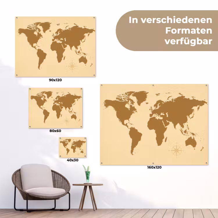 Wereldkaart -Windroos - Bruin tuinposter los doek klein -Xsfeer9_DE