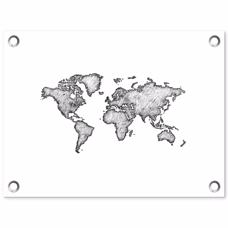 Wereldkaart - Tekening - Zwart - Wit tuinposter los doek klein -3d