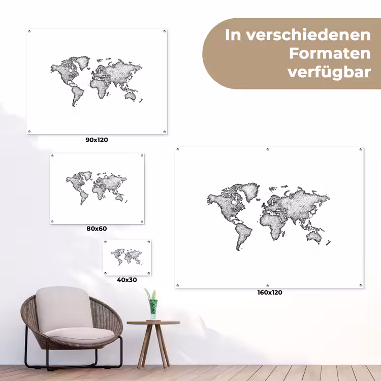 Wereldkaart - Tekening - Zwart - Wit tuinposter los doek klein -Xsfeer9_DE