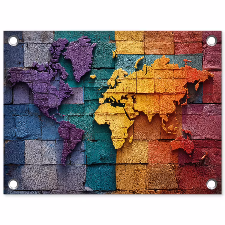 Wereldkaart - Bakstenen - Regenboog tuinposter los doek klein -3d
