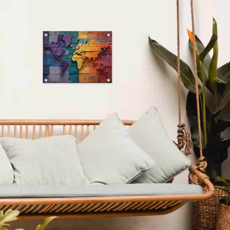 Wereldkaart - Bakstenen - Regenboog tuinposter los doek klein -sfeer7