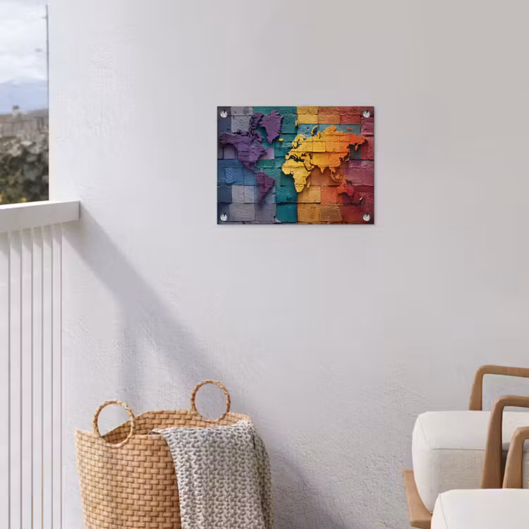 Wereldkaart - Bakstenen - Regenboog tuinposter los doek klein -sfeer8