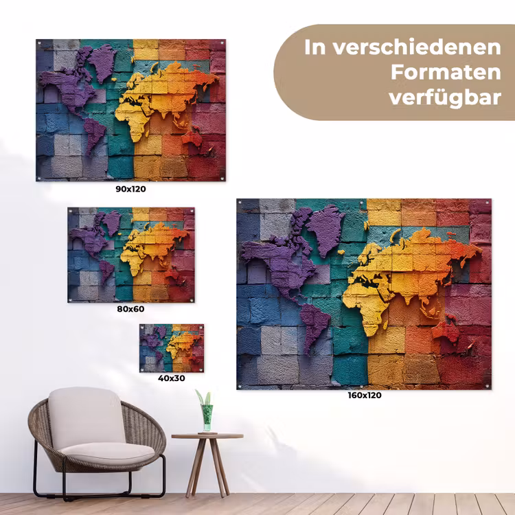Wereldkaart - Bakstenen - Regenboog tuinposter los doek klein -Xsfeer9_DE