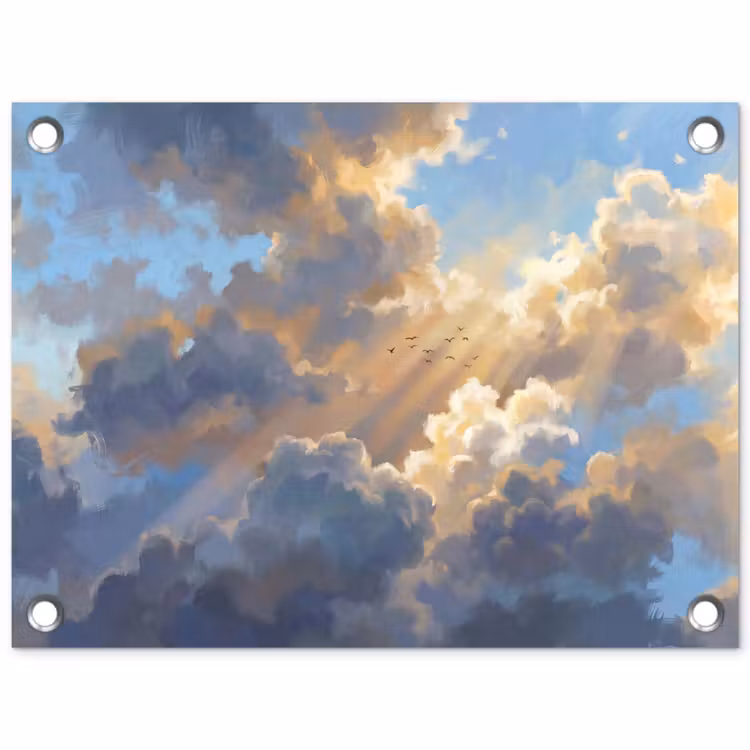 Wolken - Zonnestralen - Natuur - Abstract - Blauw tuinposter los doek klein -3d