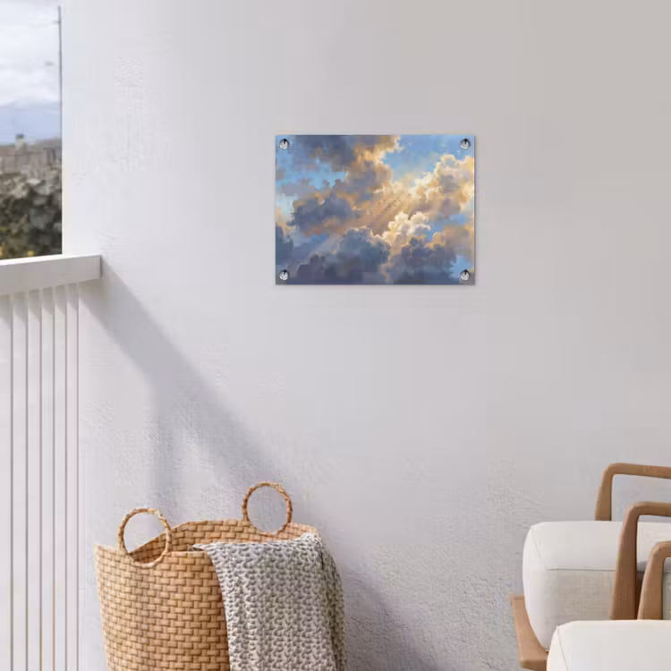 Wolken - Zonnestralen - Natuur - Abstract - Blauw tuinposter los doek klein -sfeer8