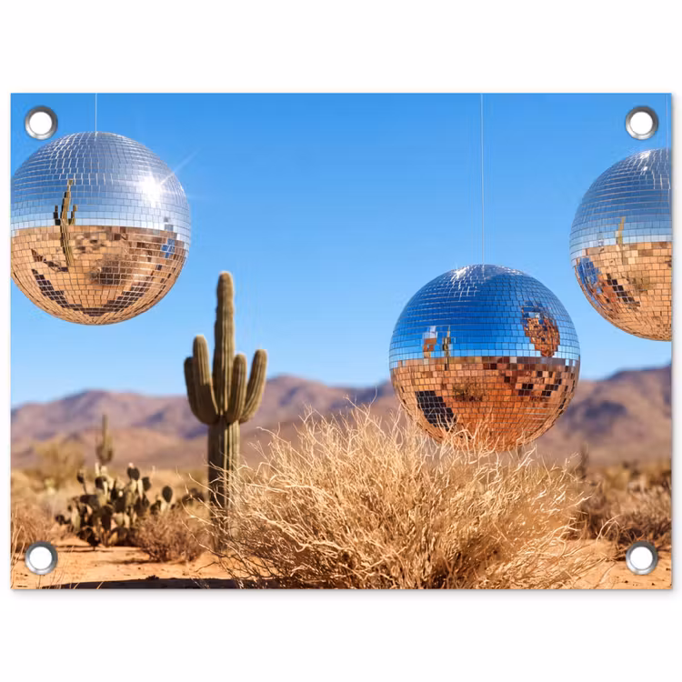 Gartenposter - Wüste – Spiegelkugel – Kunst - Woestijn - Spiegelbal - Kunst tuinposter los doek klein