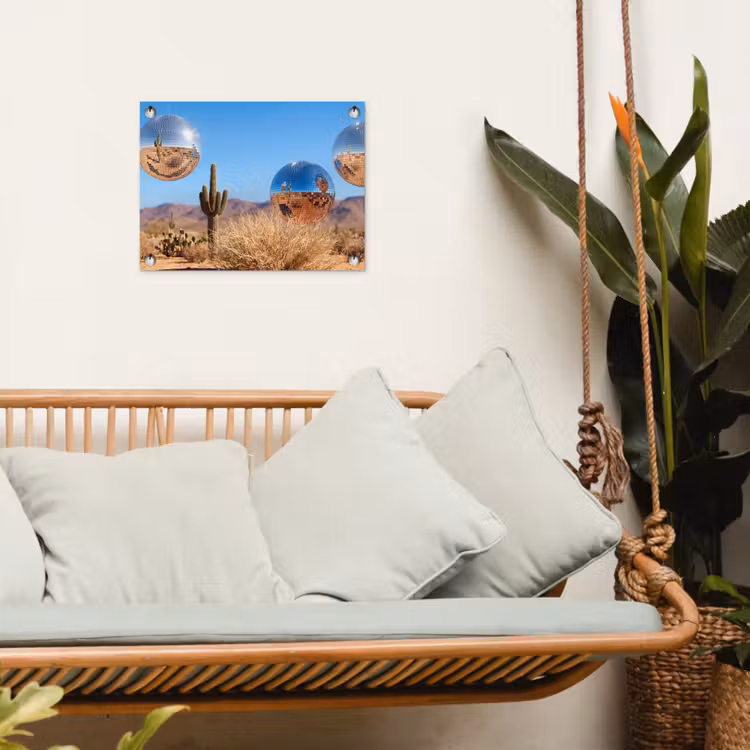 Gartenposter - Wüste – Spiegelkugel – Kunst - Woestijn - Spiegelbal - Kunst tuinposter los doek klein