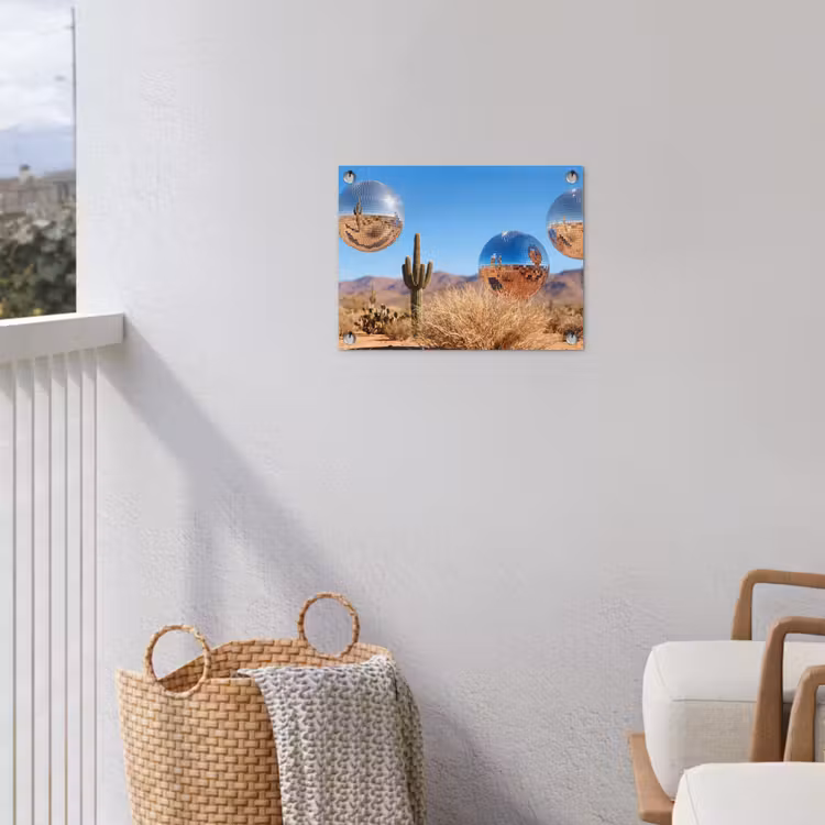 Gartenposter - Wüste – Spiegelkugel – Kunst - Woestijn - Spiegelbal - Kunst tuinposter los doek klein