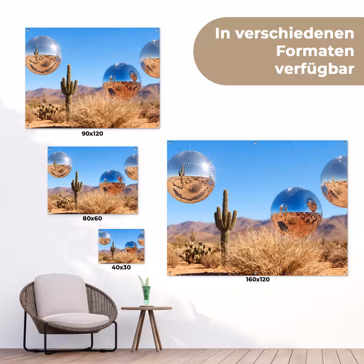 Gartenposter - Wüste – Spiegelkugel – Kunst - Woestijn - Spiegelbal - Kunst tuinposter los doek klein