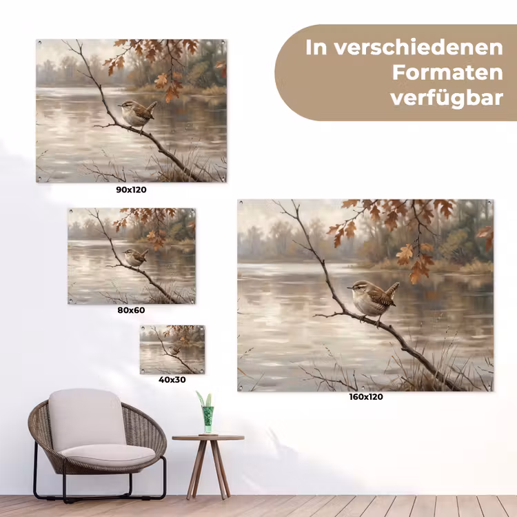 Winterkoninkje - Tak - Rivier - Natuur - Sfeervol tuinposter los doek klein -Xsfeer9_DE