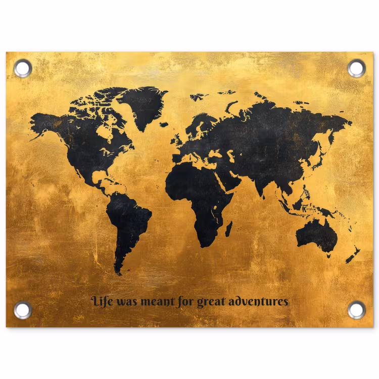Quote - Goud - Wereldkaart - Zwart tuinposter los doek klein -3d