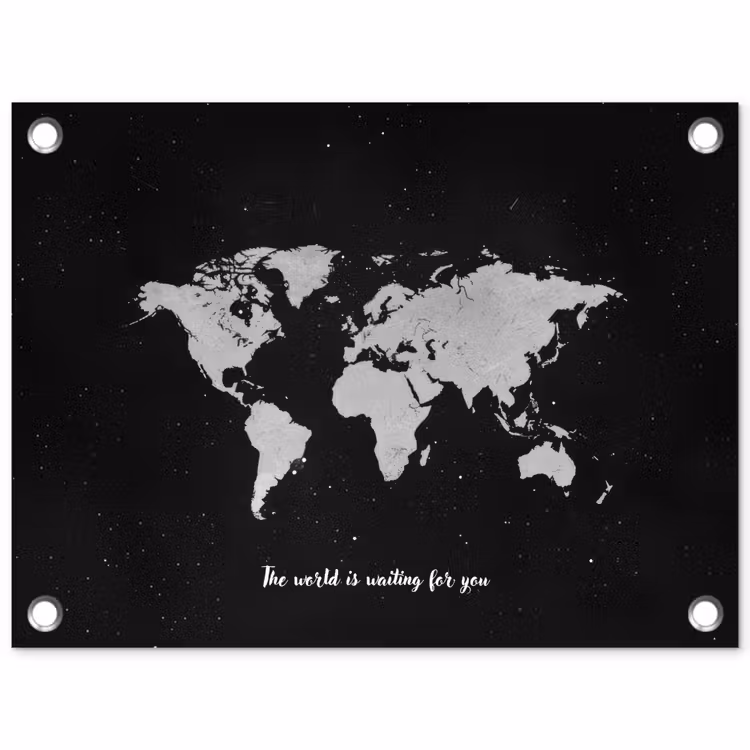 Quote - Wereldkaart - Zwart tuinposter los doek klein -3d