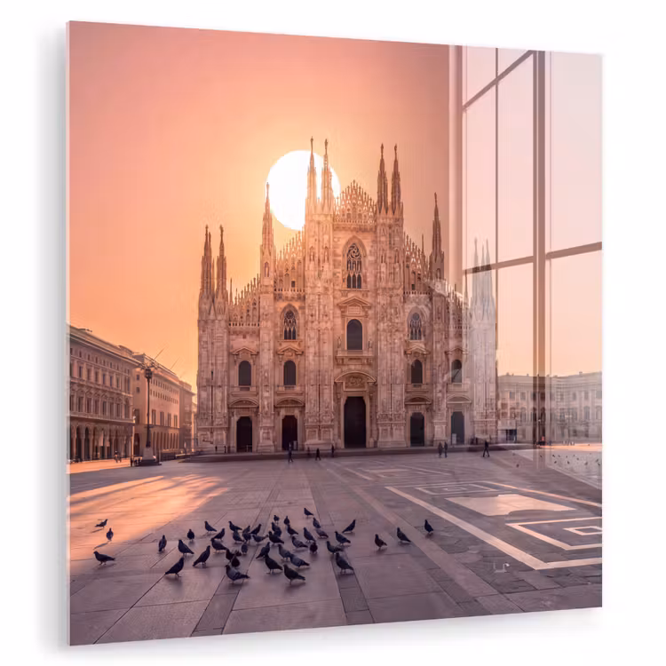 Glasbild - Architektur – Mailand – Platz – Sonnenaufgang – Orange - Architectuur - Milaan - Plein - Zonsopgang - Oranje plexiglas 5mm klein
