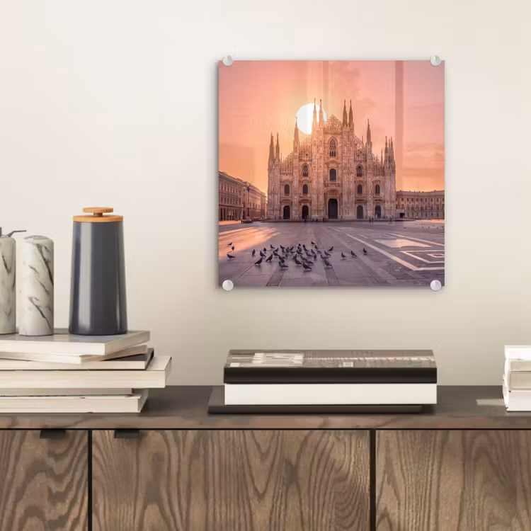 Glasbild - Architektur – Mailand – Platz – Sonnenaufgang – Orange - Architectuur - Milaan - Plein - Zonsopgang - Oranje plexiglas 5mm klein