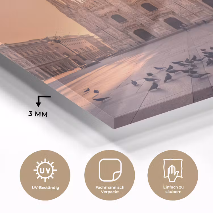 Glasbild - Architektur – Mailand – Platz – Sonnenaufgang – Orange - Architectuur - Milaan - Plein - Zonsopgang - Oranje plexiglas 5mm klein