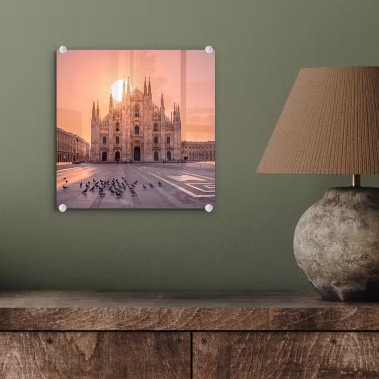 Glasbild - Architektur – Mailand – Platz – Sonnenaufgang – Orange - Architectuur - Milaan - Plein - Zonsopgang - Oranje plexiglas 5mm klein