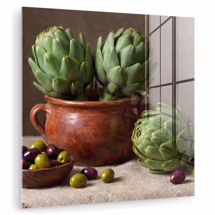 Glasbild - Artischocken – Oliven – Essen - Artisjokken - Olijven - Eten plexiglas 5mm klein