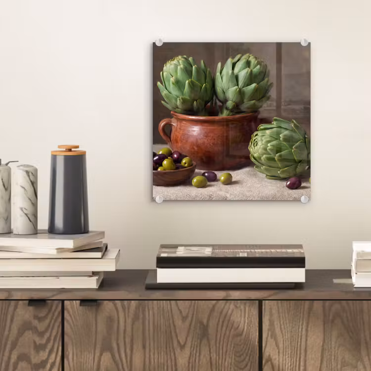 Glasbild - Artischocken – Oliven – Essen - Artisjokken - Olijven - Eten plexiglas 5mm klein