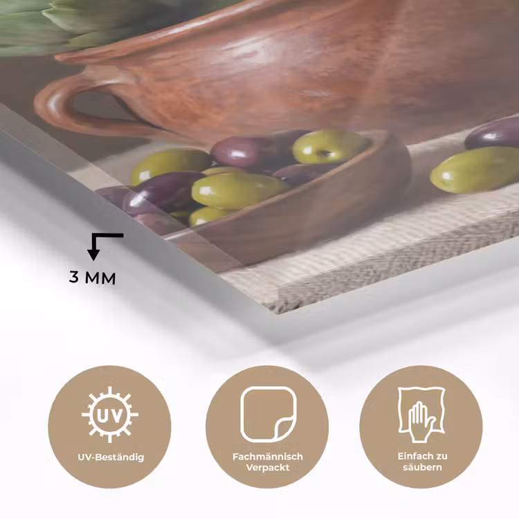Glasbild - Artischocken – Oliven – Essen - Artisjokken - Olijven - Eten plexiglas 5mm klein