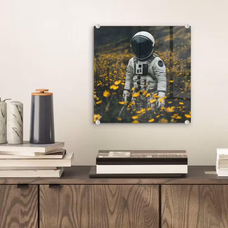Astronaut - Bloemen - Veld - Geel plexiglas 5mm klein -sfeer1