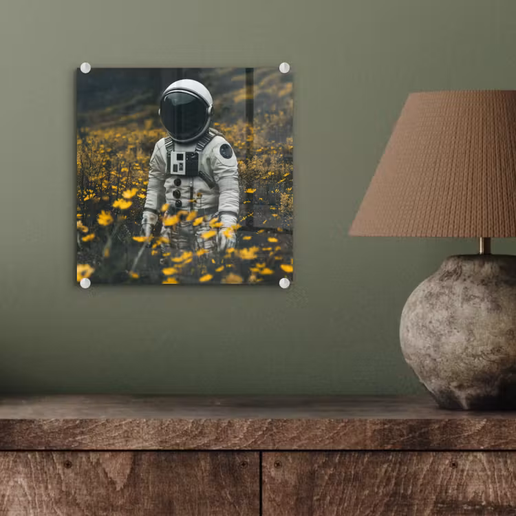 Astronaut - Bloemen - Veld - Geel plexiglas 5mm klein -sfeer3