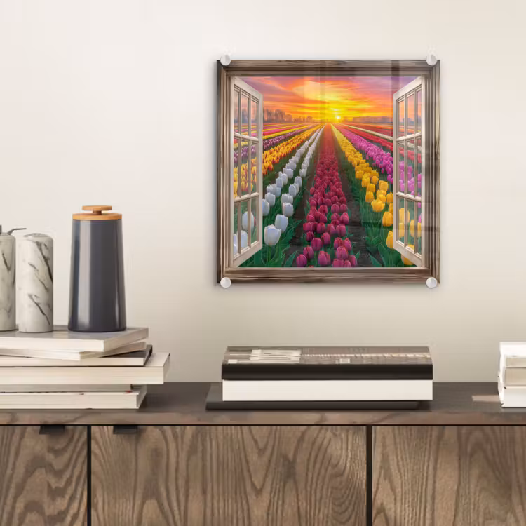Doorkijk - Bloemen - Tulpen - Kleurrijk - Zonsondergang plexiglas 5mm klein -sfeer1