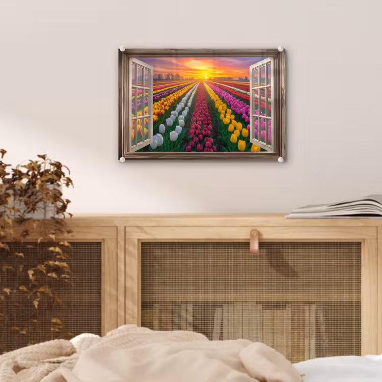 Doorkijk - Bloemen - Tulpen - Kleurrijk - Zonsondergang plexiglas 5mm klein -sfeer3