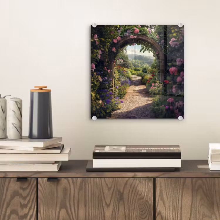 Doorkijk - Landschap - Bloemen - Rozenboog - Natuur plexiglas 5mm klein -sfeer1