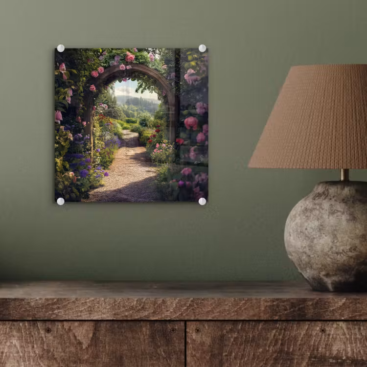 Doorkijk - Landschap - Bloemen - Rozenboog - Natuur plexiglas 5mm klein -sfeer3
