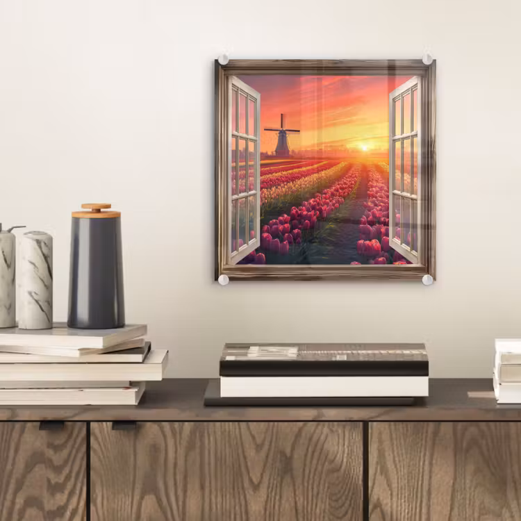 Doorkijk - Tulpen - Zonsondergang - Bloemen - Kleurrijk plexiglas 5mm klein -sfeer1