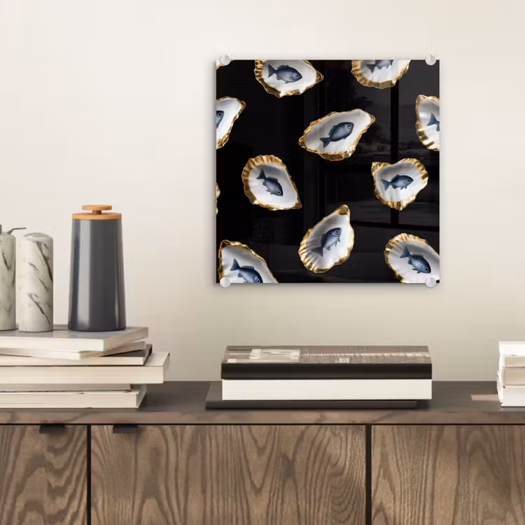 Oesters - Vissen - Blauw - Goud plexiglas 5mm klein -sfeer1