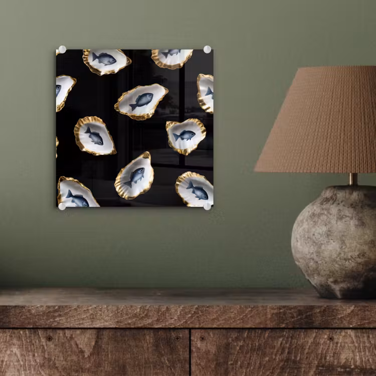 Oesters - Vissen - Blauw - Goud plexiglas 5mm klein -sfeer3